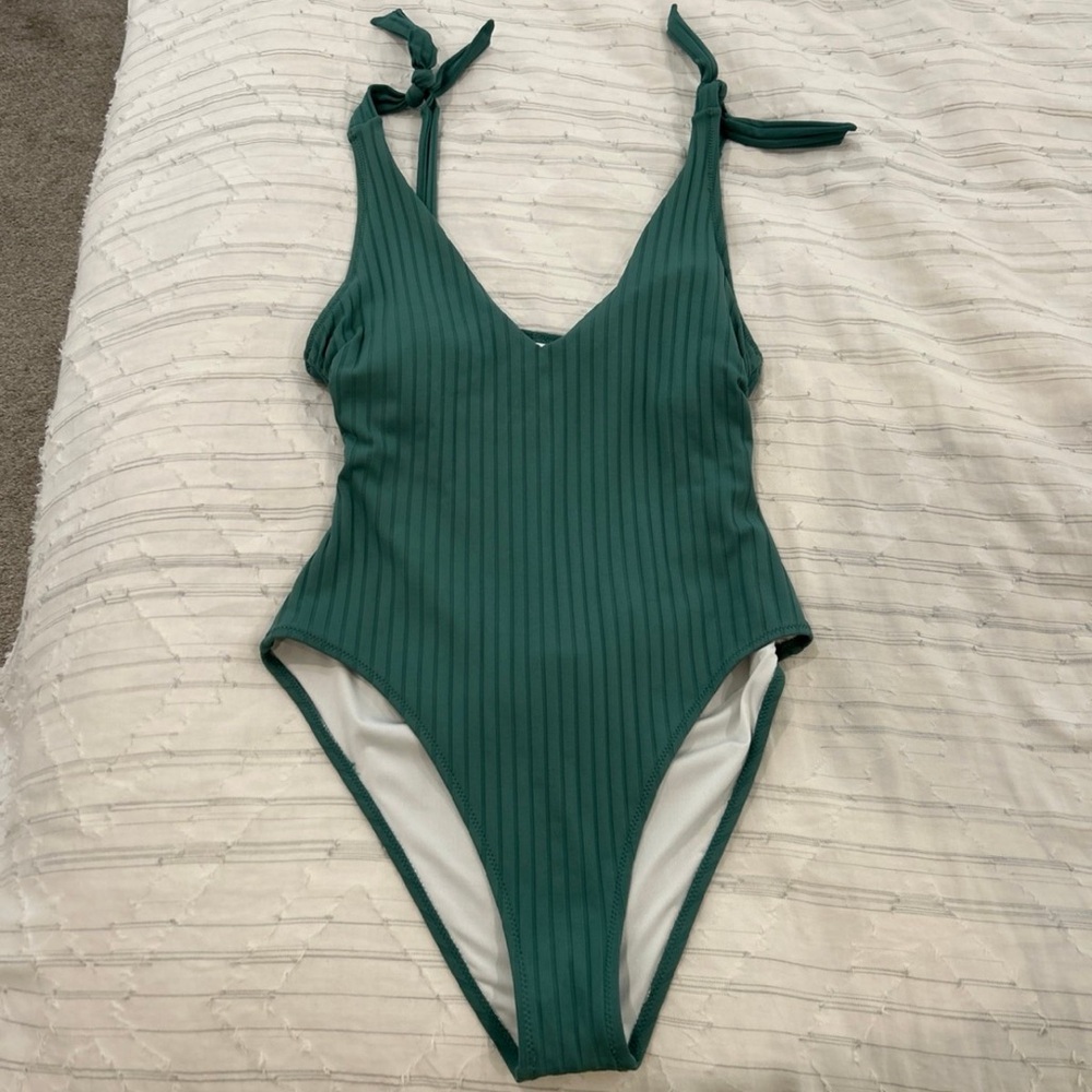Flattering Green Ribbed One Piece Swimsuit